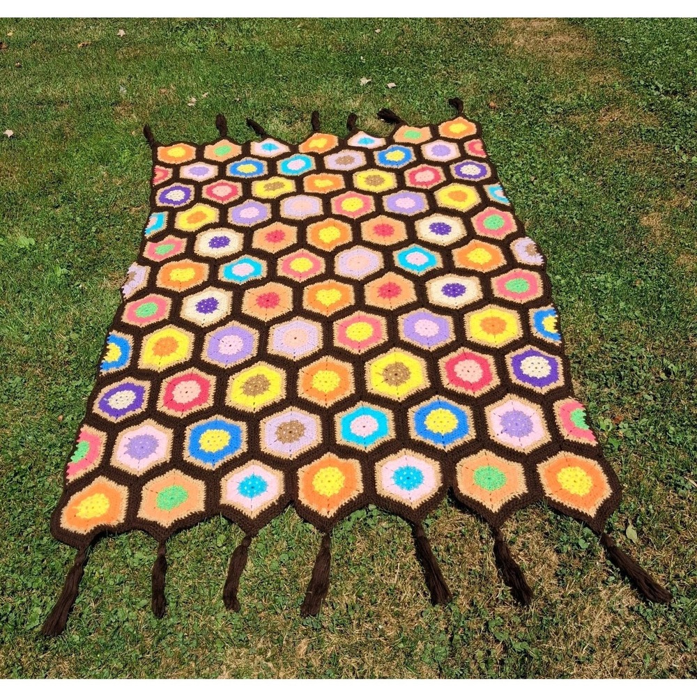 Vintage Handmade Crochet Hexagon Afghan Blanket Extra Large Retro Boho READ